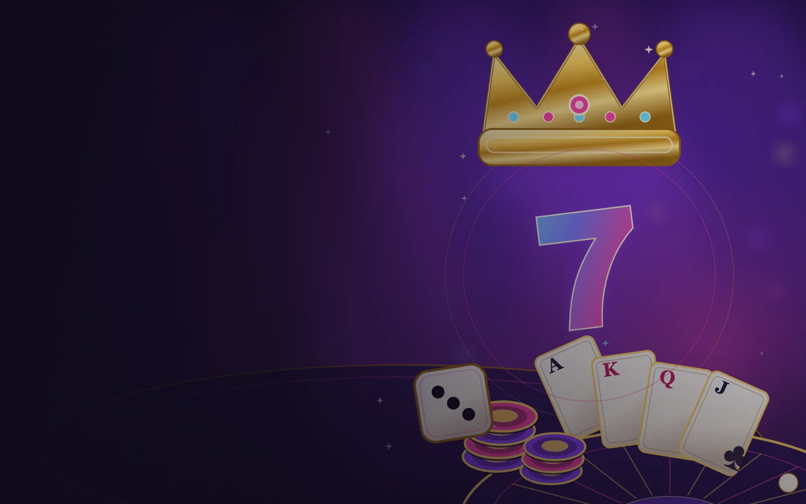 Panggung neon zk7: mahkota emas, angka tujuh bergradasi, kipas kartu, tumpukan chip, dadu, dan roda roulette di bawah sorot lampu ungu