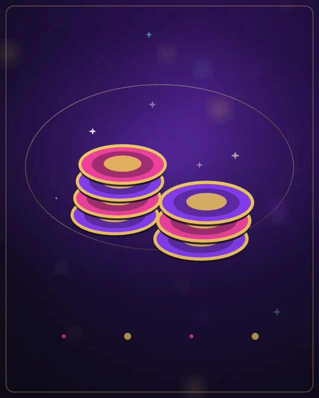 Dua tumpukan chip ungu dan magenta bertepi emas.